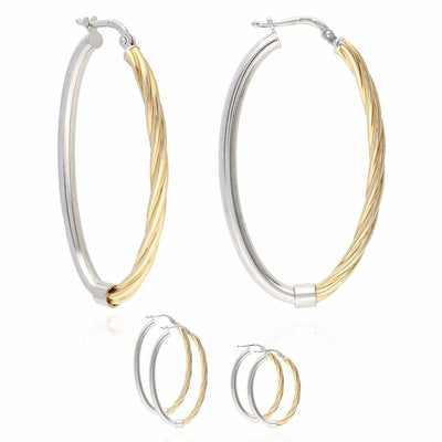 Yellow White Gold Over 925 Silver Shiny Half Twisted Oval Hoop Earrings