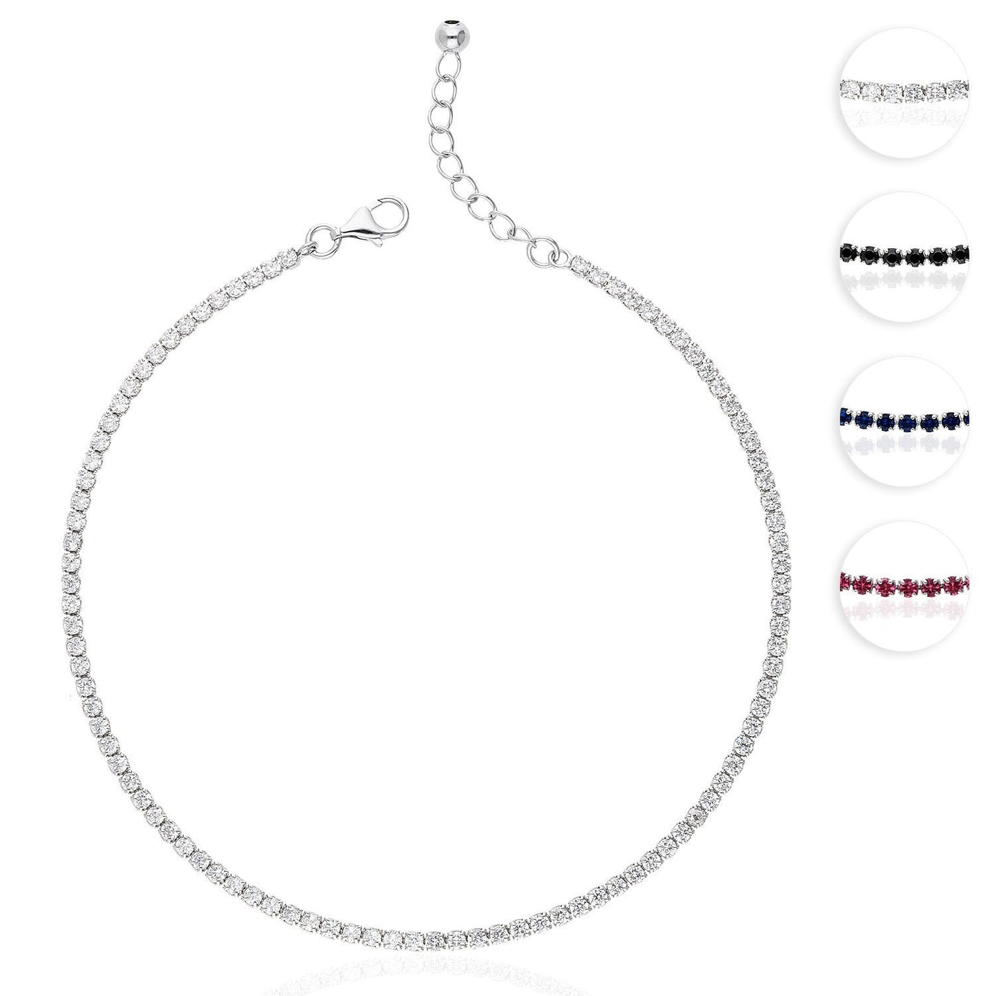 925 Silver CZ Red White Black Blue Tennis Anklet Bracelet 9"-10"