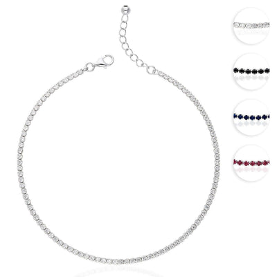 Sterling Silver Red White Black Blue CZ Tennis Anklet 9"-10" Adjustable