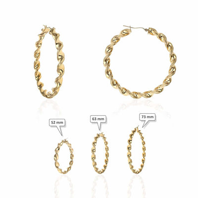 10K Yellow Gold Twisted Tube 6mm Diamond-Cut Textured Hoop Earrings 52mm-73mm