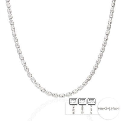 Sterling Silver 2mm-4mm White Half Moon-Cut Oval Barrel Beaded Chain (Solid Links) 18"-26"