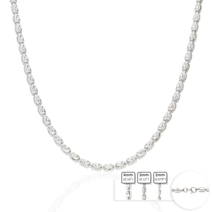 Sterling Silver 2mm-4mm White Half Moon-Cut Oval Barrel Beaded Chain (Solid Links) 18"-26"