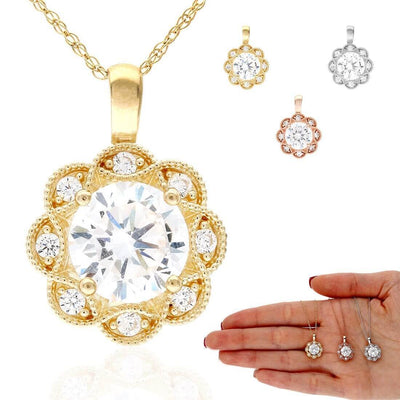1.75CT CZ 14K Gold Milgrain Flower Halo Pendant with 18" Chain
