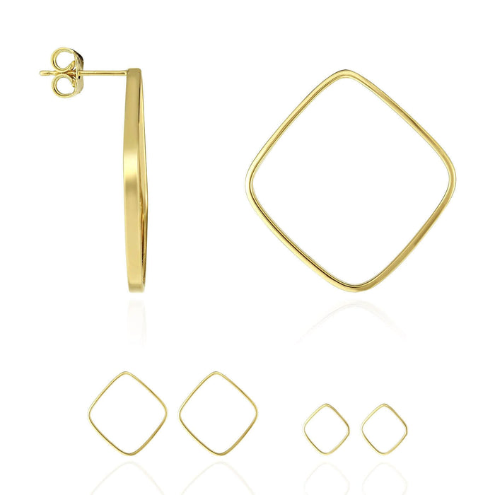 14K Yellow Gold Modern Geometry Rhombus Outline Shape Push Back Post Earrings