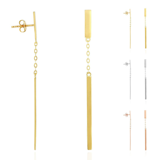 14K Real Gold White Rose Drop Bar  Push Back Earrings 2"
