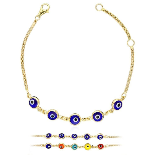 14k Gold Yellow Bezel Evil Eye Kid Bracelet 5"-6" Adjustable