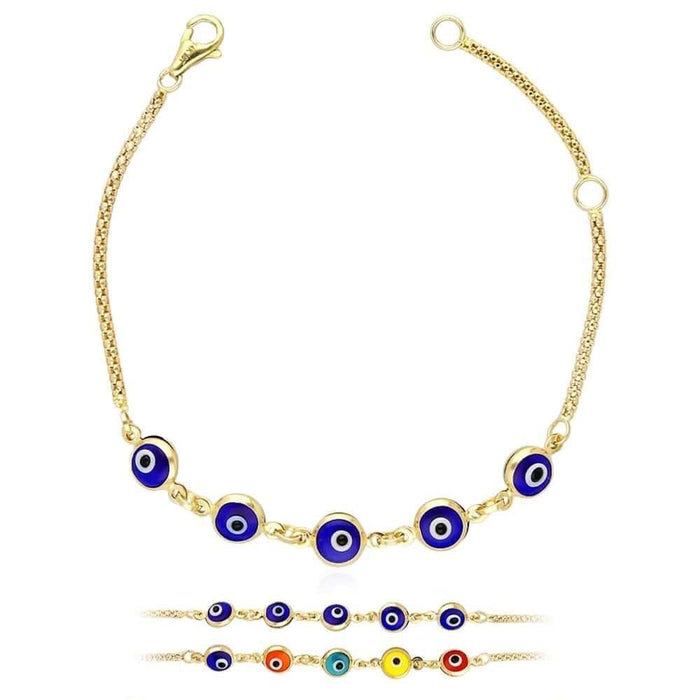 14K Yellow Gold Bezel Evil Eye Kid Bracelet 5"-6" Adjustable