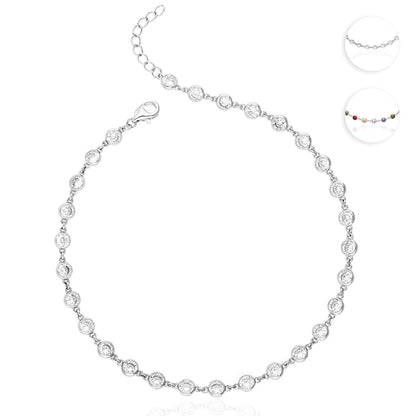 925 Sterling Silver Multicolor White CZ Bezel Set Station Anklets