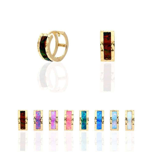14k Yellow Gold Diamond Cut Fire Opal Huggie Hoop Earrings 0.5"