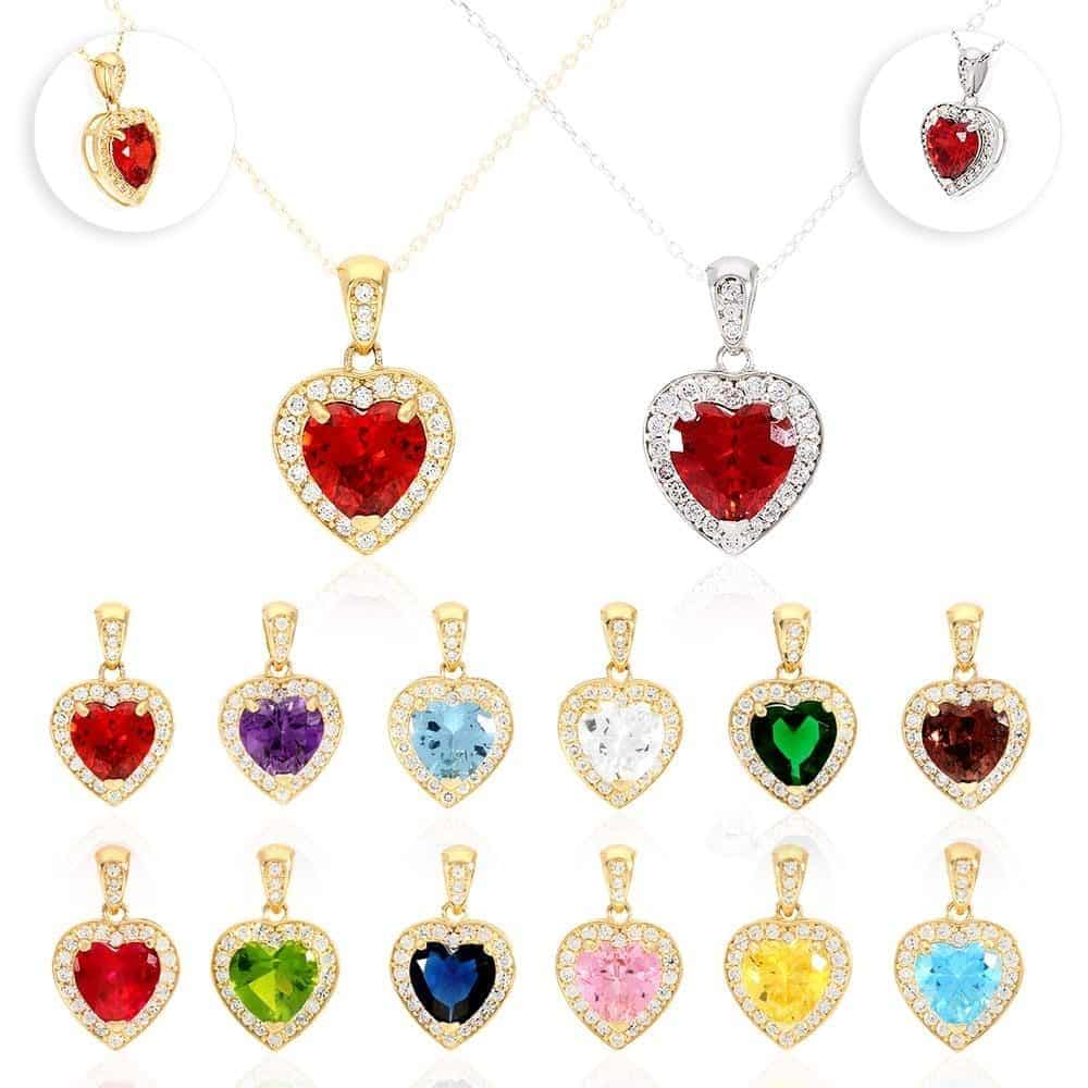 14k Yellow Gold White Gold Solitaire Birthstone Halo Heart Pendant 0.6"