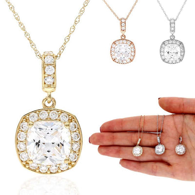 1.25CT Cushion-Cut CZ 14K Gold Square Halo Pendant with 18" Chain