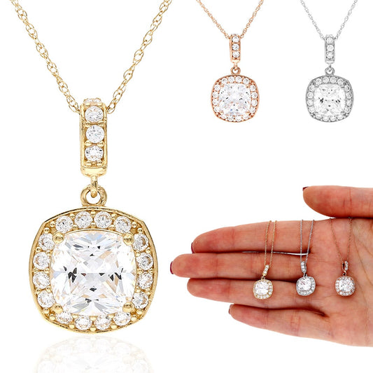1.25CT Cushion Cut CZ 14K Gold Square Halo Pendant Necklace 18"