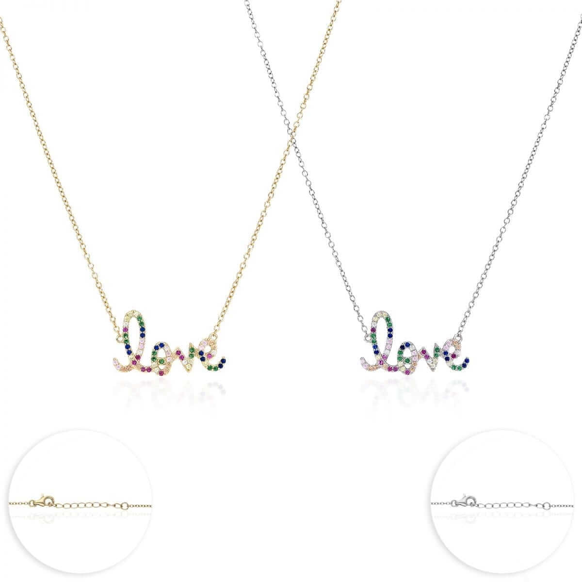 Gold Over Silver 1mm Multicolor CZ Love Necklace 16.5"-18" Adjustable