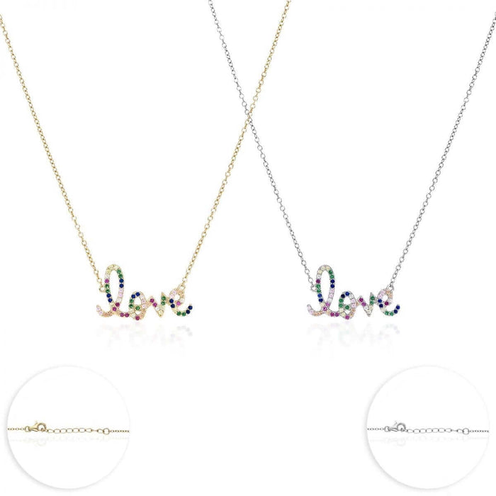 Gold Over Silver 1mm Multicolor CZ Love Necklace 16.5"-18" Adjustable