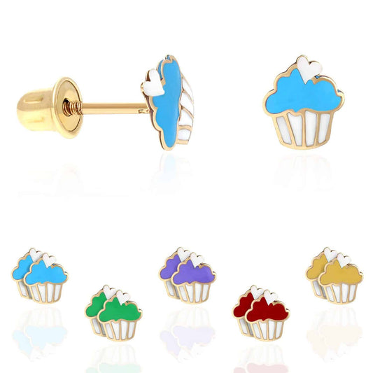 Kid's 14K Solid Yellow Gold Enameled Small Cupcake Screw Back Stud Earrings