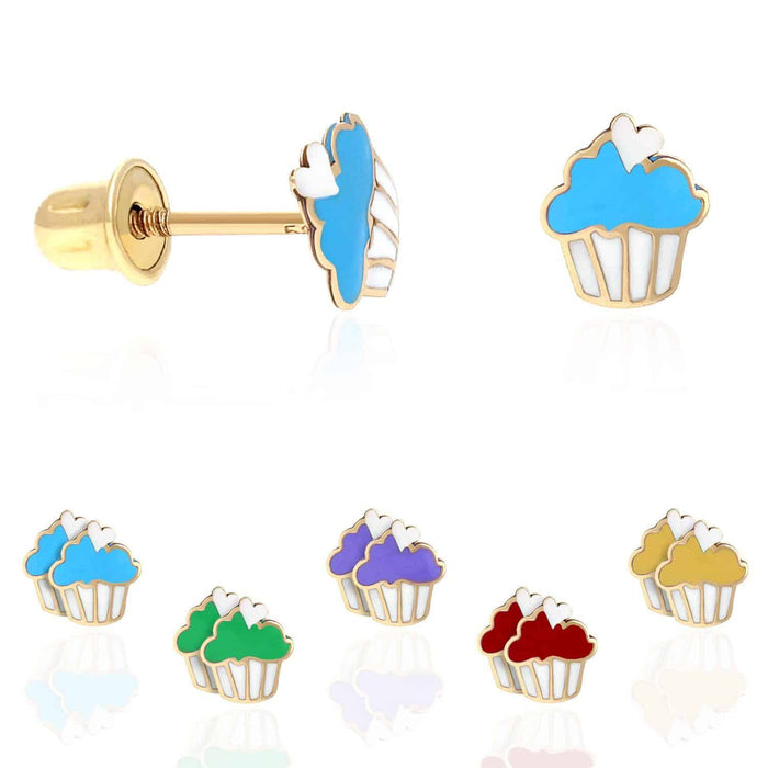 Kids 14K Yellow Gold Enameled Small Cupcake Screw Back Stud Earrings