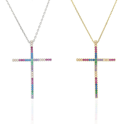 Yellow White Gold Over 925 Silver Multicolor Rainbow Gemstone Cross Pendant