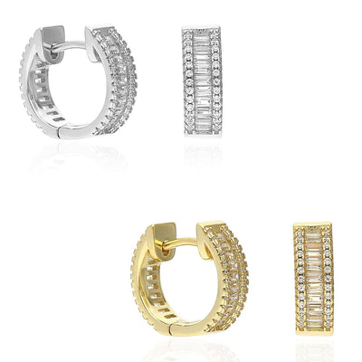 Yellow White Gold Over 925 Silver Baguette Round CZ Huggie Hoop Earrings 13mm