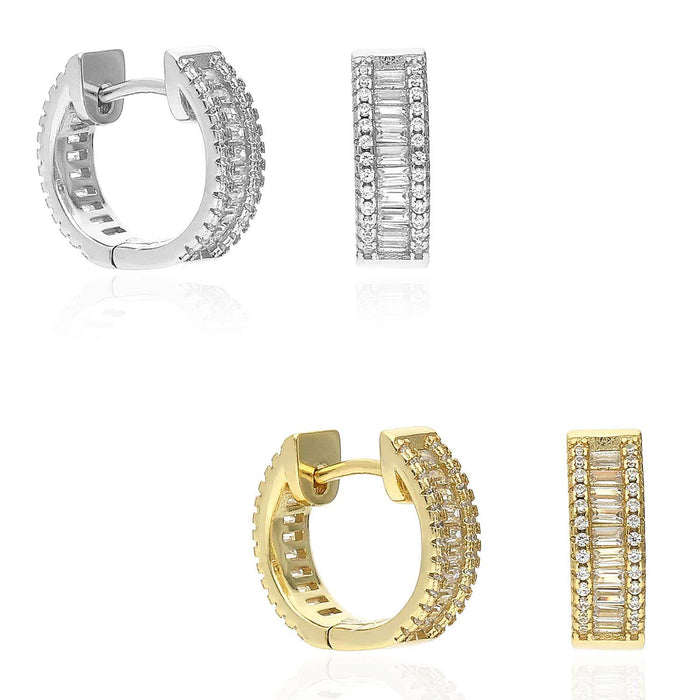 Yellow White Gold Over 925 Silver Baguette Round CZ Huggie Hoop Earrings 13mm