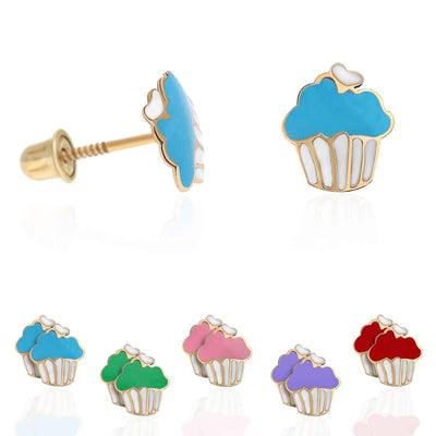 Kids 14K Yellow Gold Enameled Large Cupcake Screw Back Stud Earrings