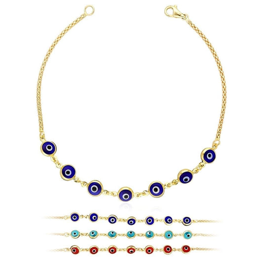 14k Yellow Gold Bezel Evil Eye Popcorn Bracelet 7"