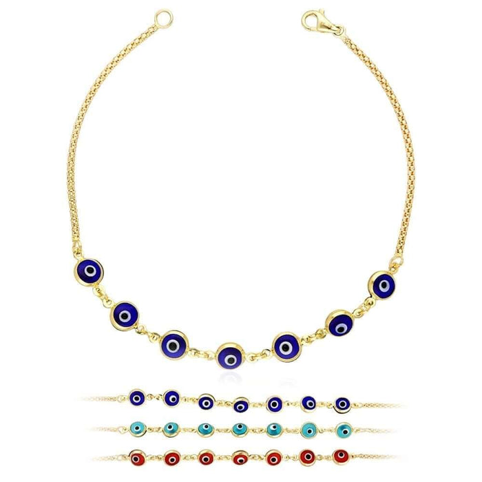 14K Yellow Gold Bezel Evil Eye Popcorn Bracelet 7"