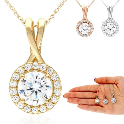 1.75CT CZ 14K Yellow White Rose Gold Halo Pendant with 18" Chain