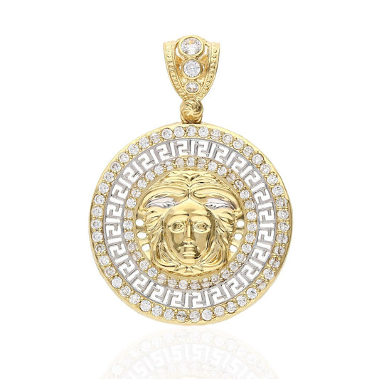 10K Yellow Gold CZ Fancy Medusa Head Medallion Pendant 32mm-37mm