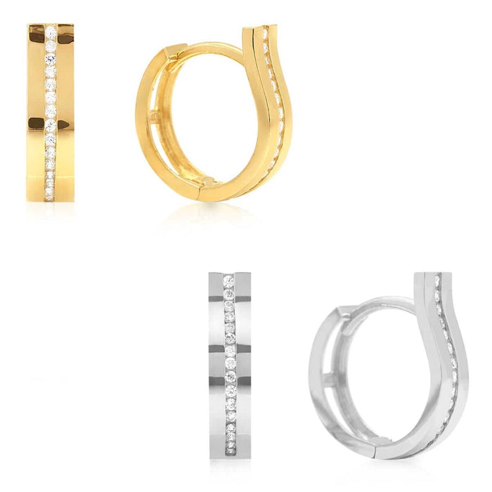 14k Yellow Gold White Gold CZ Huggie Hoop Earrings 0.6"