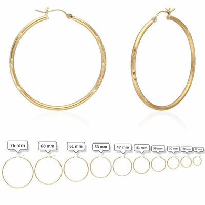 14K Yellow Gold 2mm Diamond-Cut Round Hoop Earrings 22-76mm