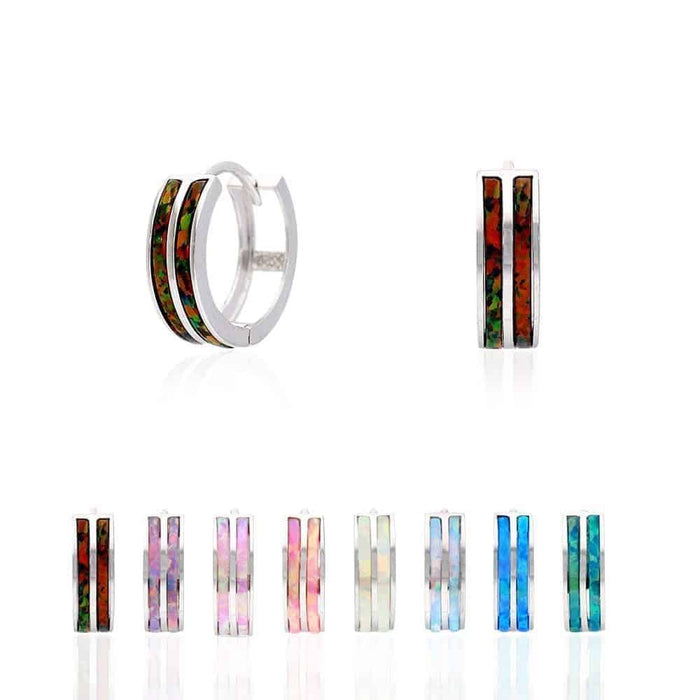 925 Sterling Silver 2-Stripe Fire Opal Huggie Hoop Earrings 0.5"