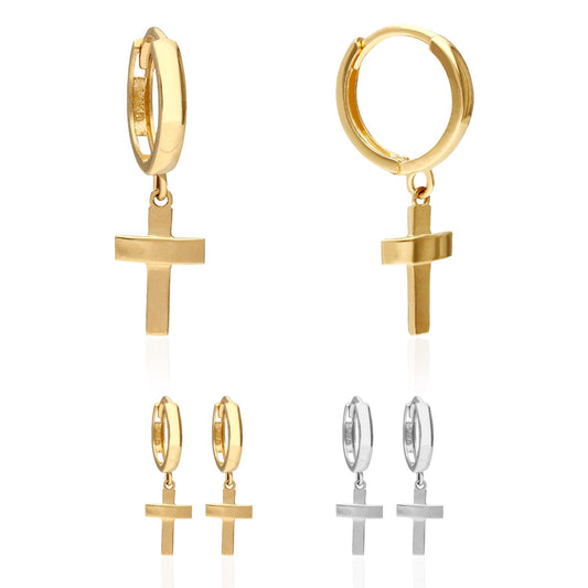 14K Solid Yellow White Gold Cross  Huggie Hoop Earrings
