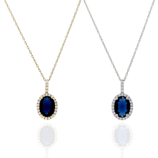 1.25Ct CZ Blue Sapphire Halo Pendant 14K Yellow White Gold 18"
