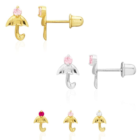 14K Real Gold White Gold CZ Umbrella Screw Back Stud Earrings