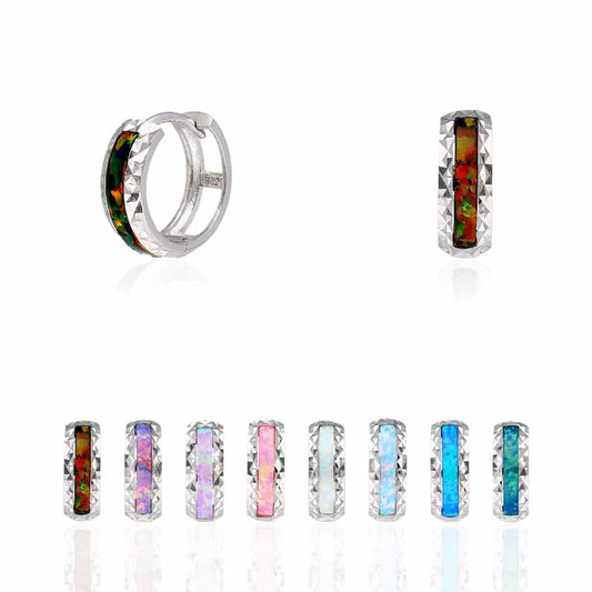 925 Sterling Silver Diamond Cut Fire Opal Huggie Hoop Earrings 0.55"
