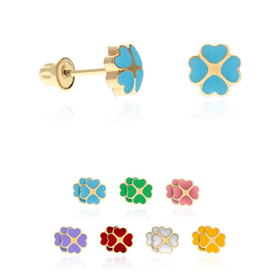 14K Yellow Gold Enameled Heart Flower Kids Earrings