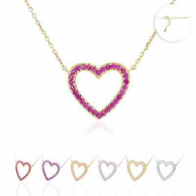 14K Yellow White Gold Open Heart CZ Necklace 16"-18" Adjustable