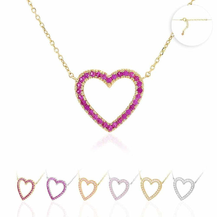 14K Yellow White Gold Open Heart CZ Necklace 16"-18" Adjustable