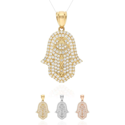 14K White Gold Rose 4CTW CZ Hamsa Evil Eye Pendant 1.1”