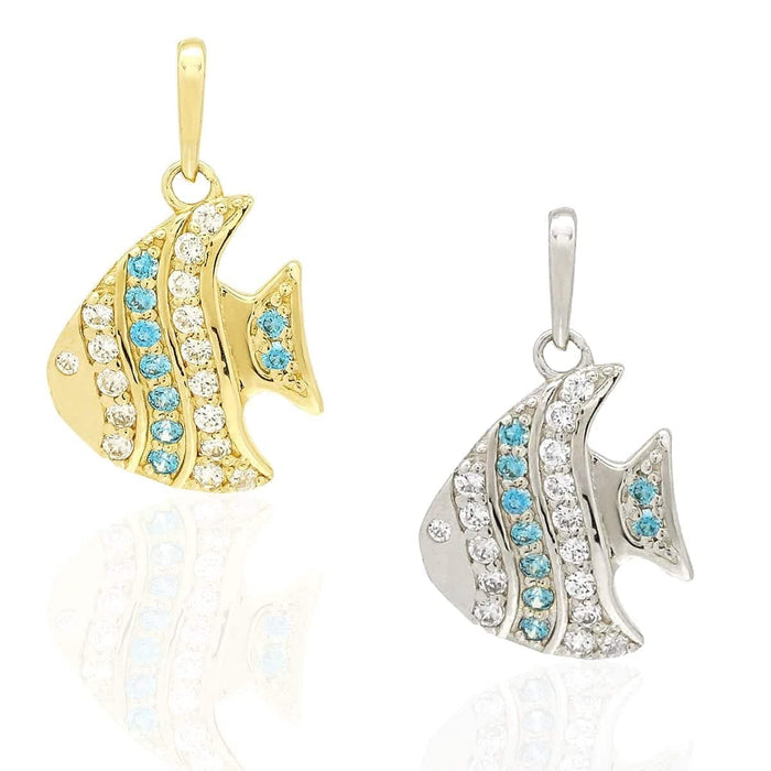 14k Yellow Gold White Gold 0.20Ct CZ & Aquamarine Fish Pendant