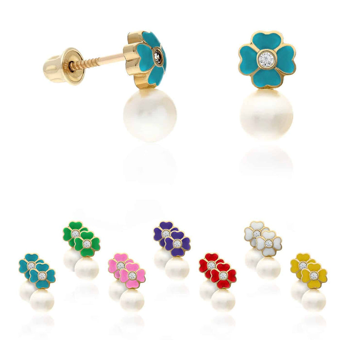 14K Yellow Gold Enameled Flower Pearl CZ Screw Back Stud Earrings