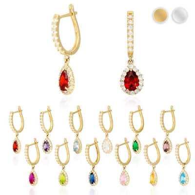 14k Yellow White Gold Birthstone Teardrop Diamond Halo Earrings 1"