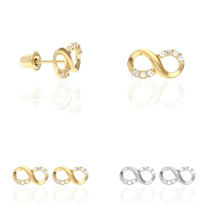 14K Yellow White Gold CZ Infinity Screw Back Stud Earrings