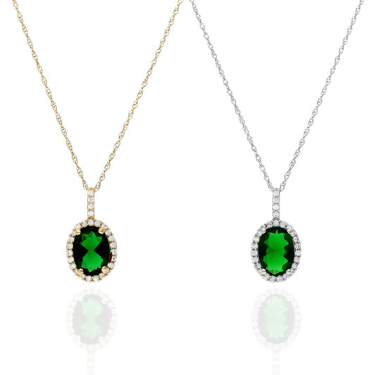 14K Gold 1.25CTW Simulated Emerald And Diamond Halo Oval Pendant