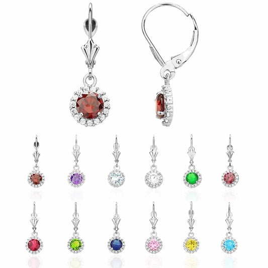 14K White Gold CZ Halo Round Birthstone  Leverback Earrings