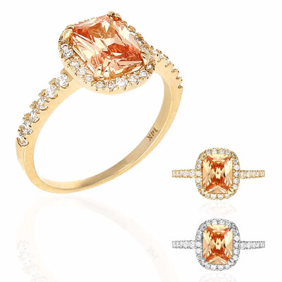 14K Gold CZ Emerald-Cut Champagne Halo Engagement Ring