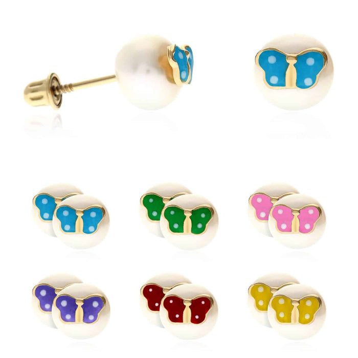 Kids 14K Yellow Gold Enameled Butterfly On White Pearl Screw Back Stud Earrings