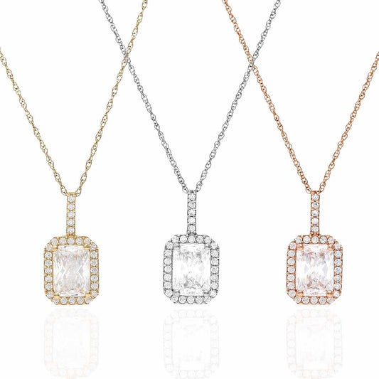 1.30CTW CZ 14K Gold Emerald-Cut Halo Pendant Necklace 18"