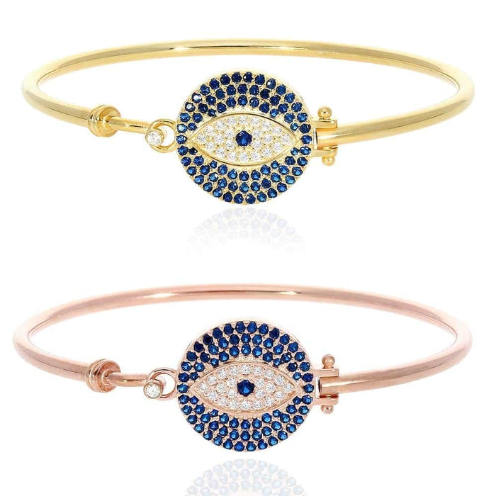 Sterling Silver CZ Blue Evil Eye Bangle Bracelet 7"