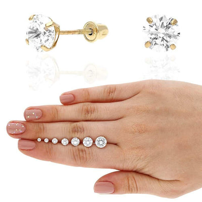 Real 14K Gold CZ Stud Screw Back Earrings 0.10Ct-4Ct